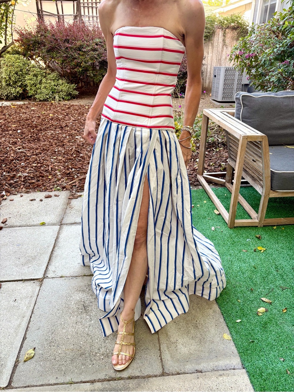 Rosie Assoulin Drop Waist Strapless Cotton Gown, red/blue stripes, slit, 0, EUC - Picture 2 of 16